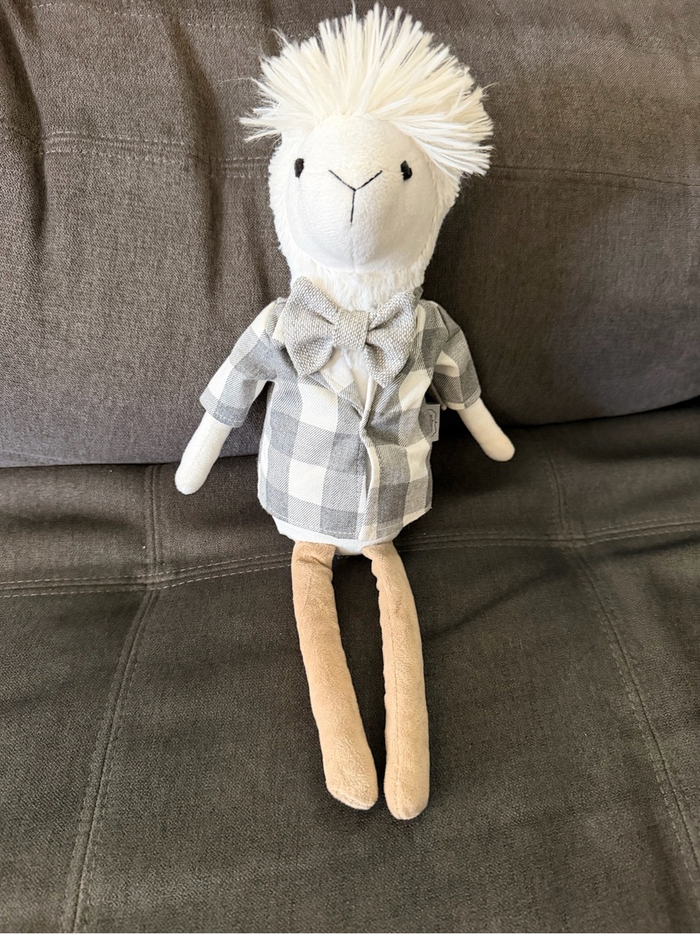 Mud Pie Plush Llama in Gray Plaid Jacket with Cream Fur and Tan Legs